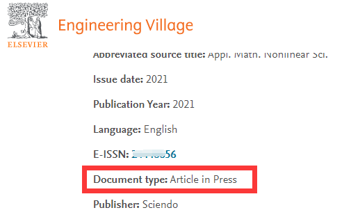 问答：期刊文章已经被Ei收录，但文献类型不是JA，显示Article in Press