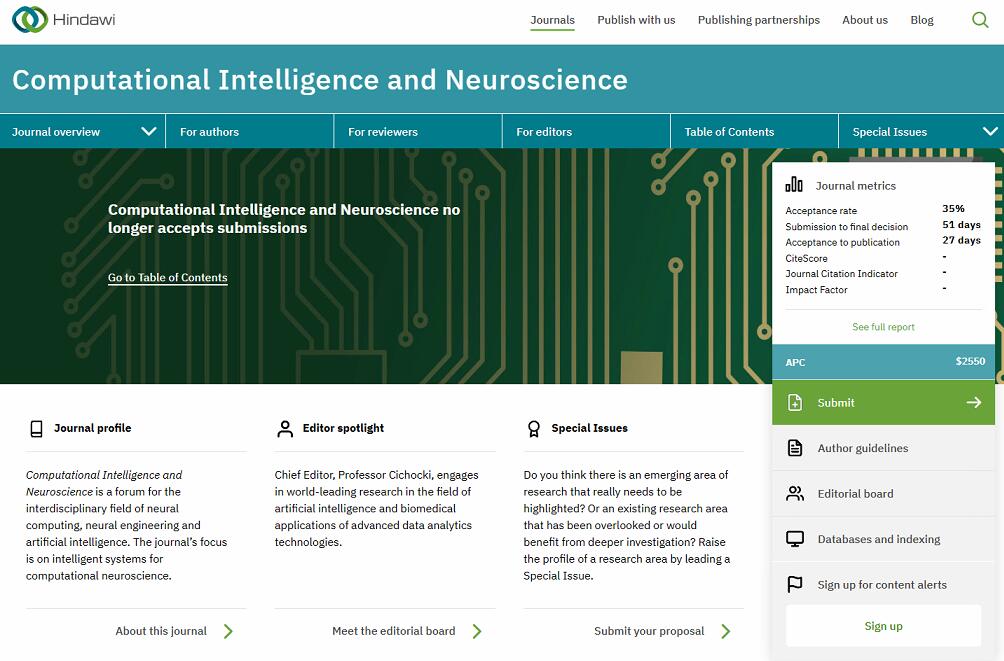 EI停止收录期刊：《Computational Intelligence and Neuroscience》